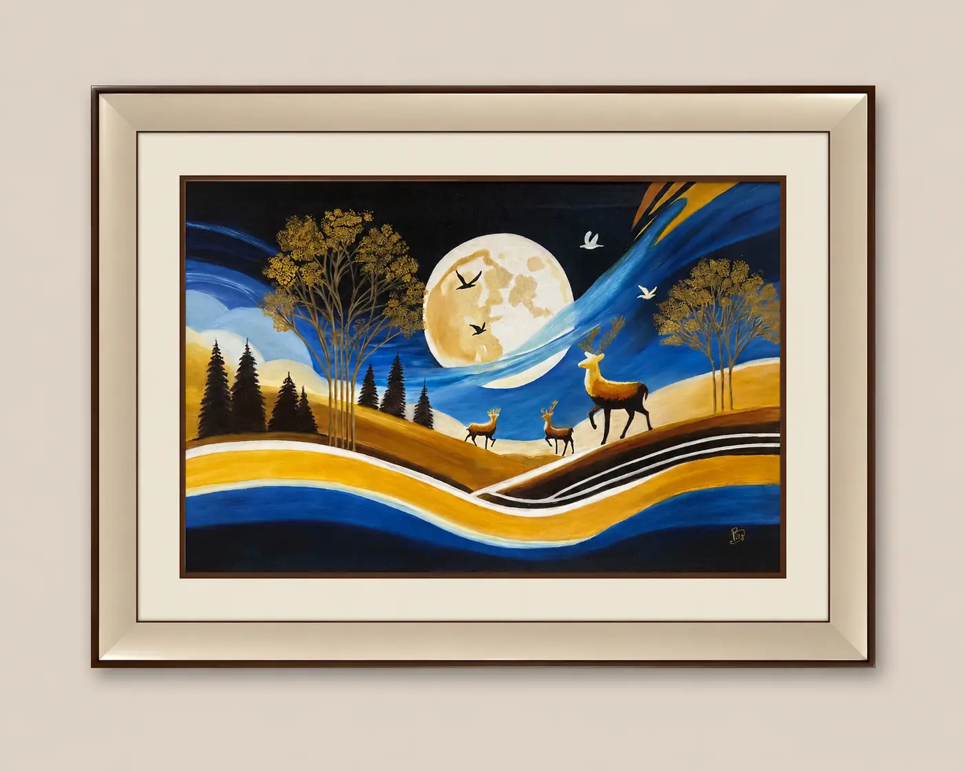 Moonlit Harmony original oil painting on 22 x 32 inch stretched canvas featuring deer beneath a luminous full moon in a stylized landscape.