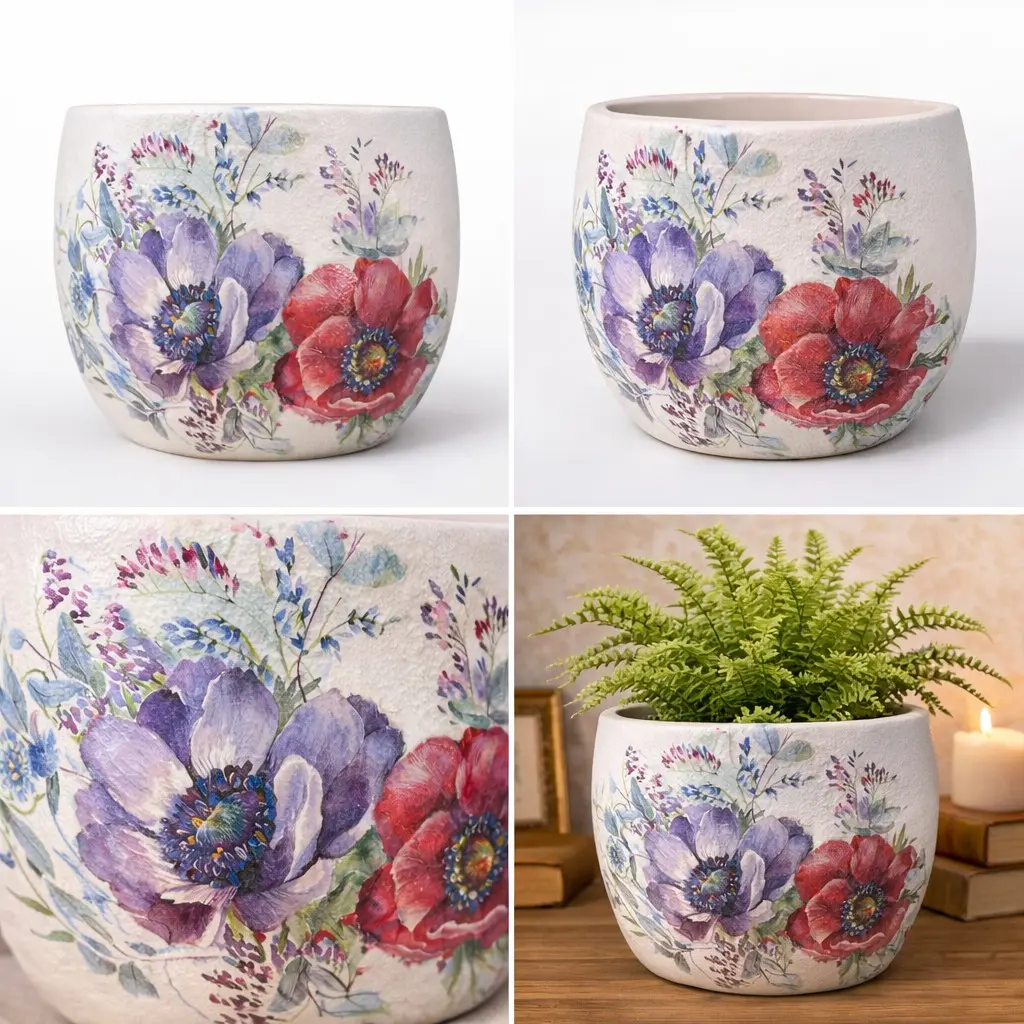 Handcrafted ceramic floral pot with elegant twin blossom artwork and artisanal detailing for refined home decor styling.