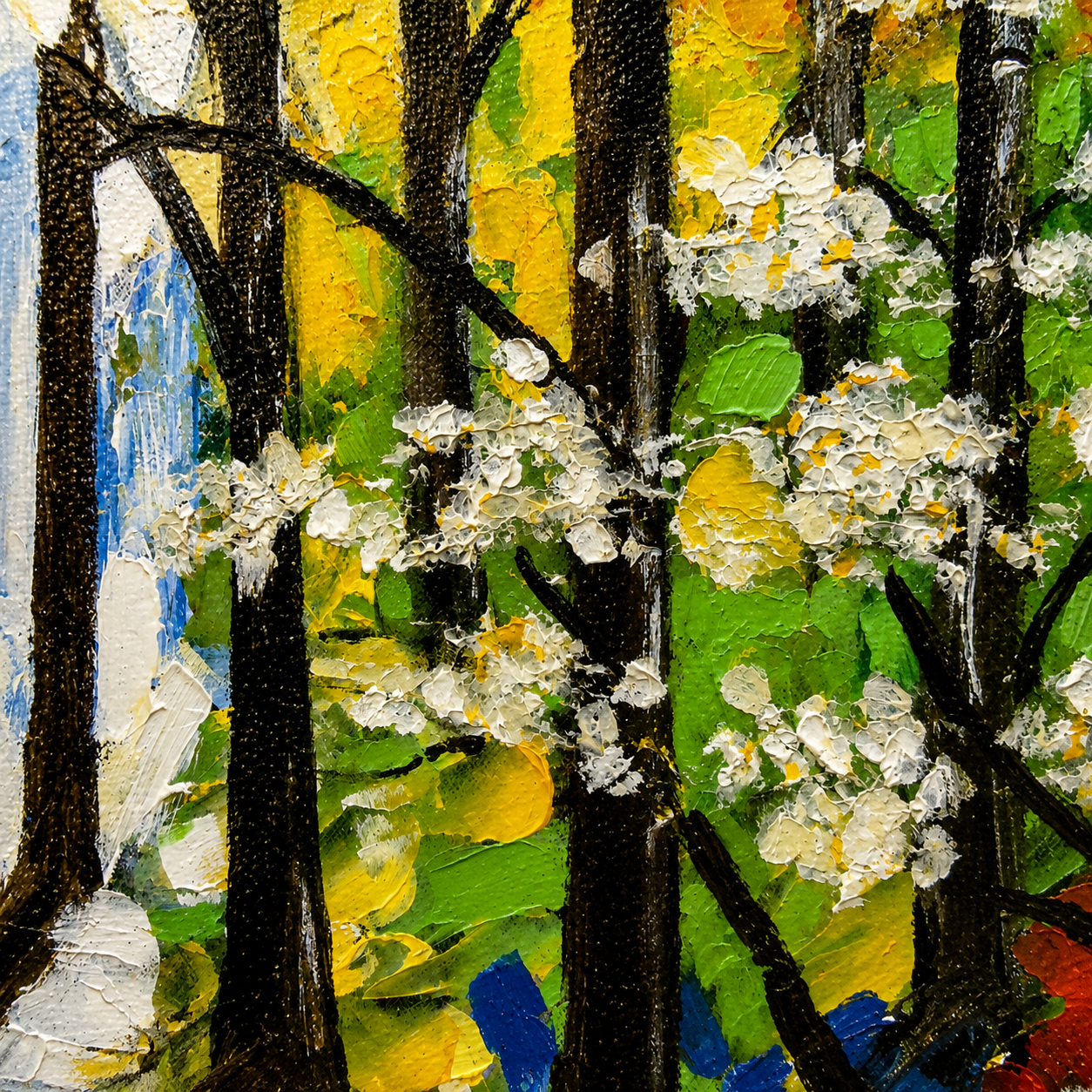 Detailed texture artwork showcasing expressive palette knife work, blossoms, and vibrant woodland colors.