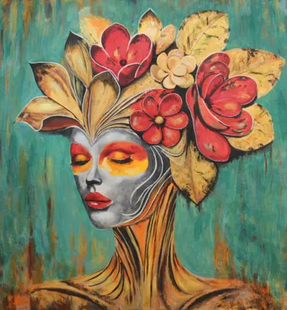 Silent Blossoms original acrylic painting on 38 x 38 inch canvas featuring an abstract feminine portrait with textured floral elements