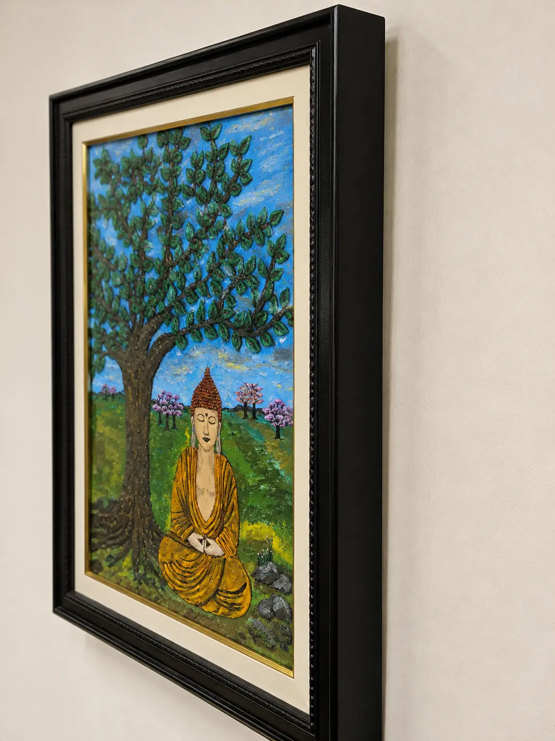 Side-angle view of Beneath the Bodhi Tree framed texture artwork displaying frame profile, artwork depth, and handcrafted texture.
