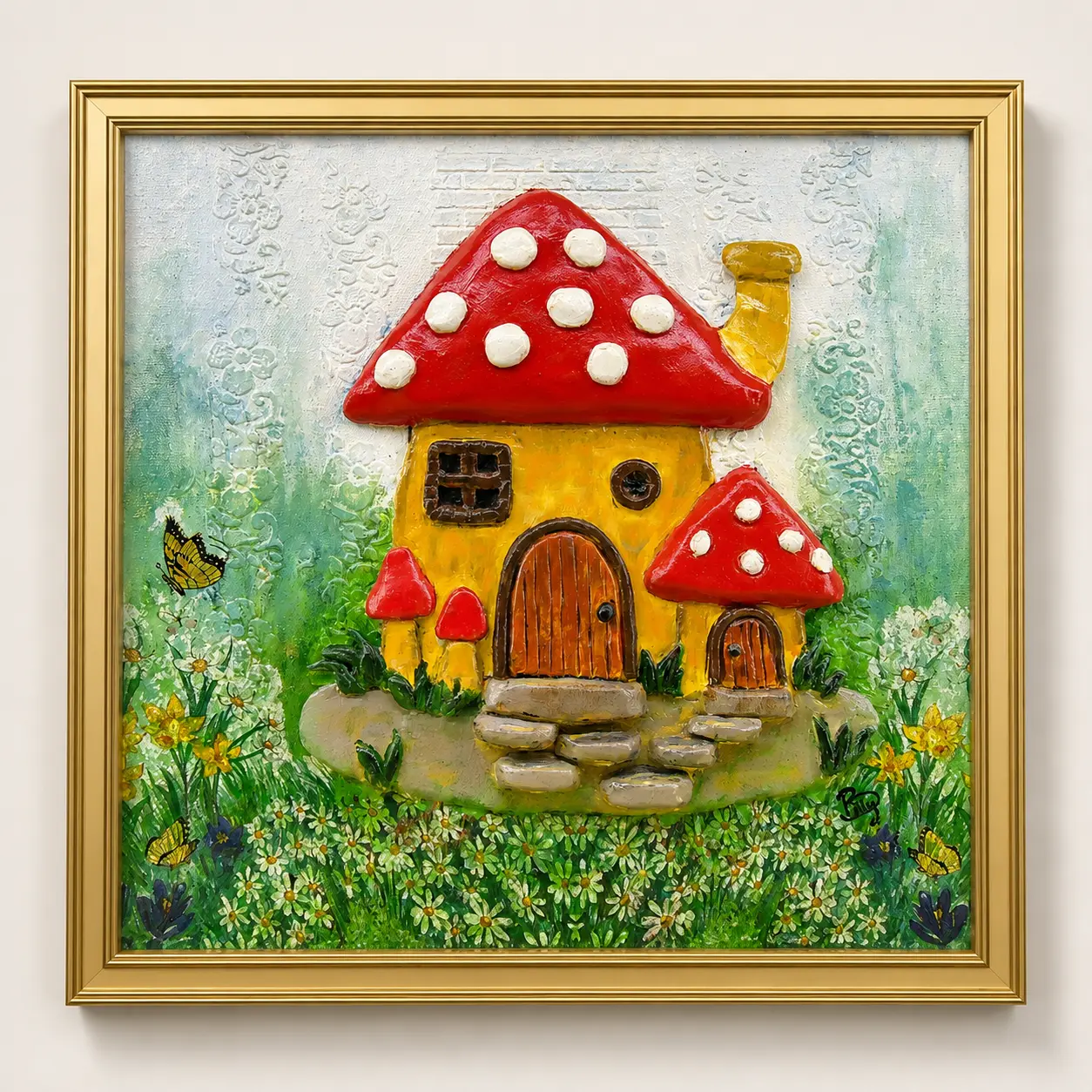 Enchanted Mushroom Cottage handcrafted clay relief artwork on 14 x 14 inch canvas board featuring a whimsical mushroom house surrounded by flowers and butterflies.