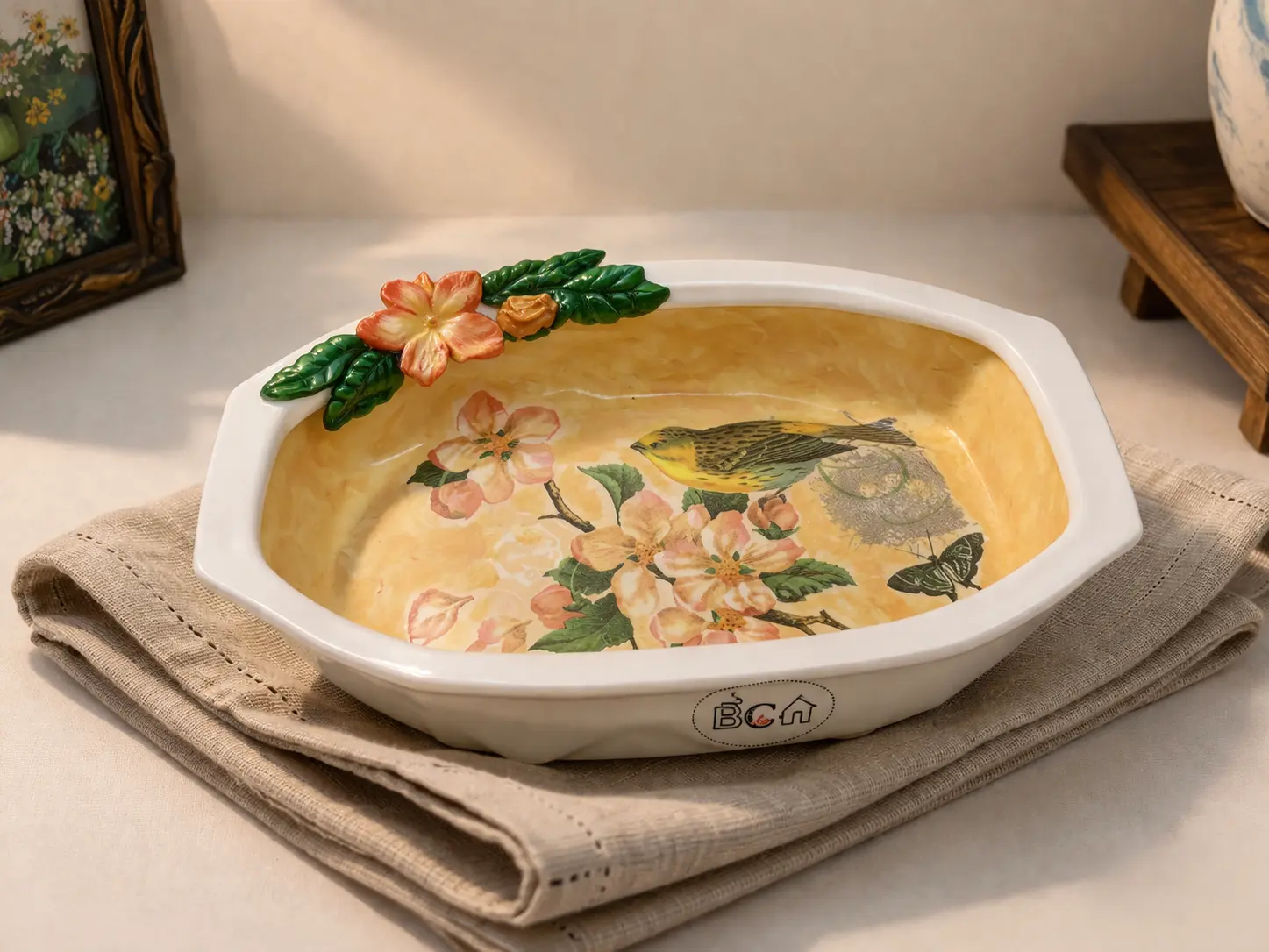 Golden Sparrow Floral Bowl handcrafted ceramic decorative bowl with bird and blossom decoupage artwork and clay floral detailing
