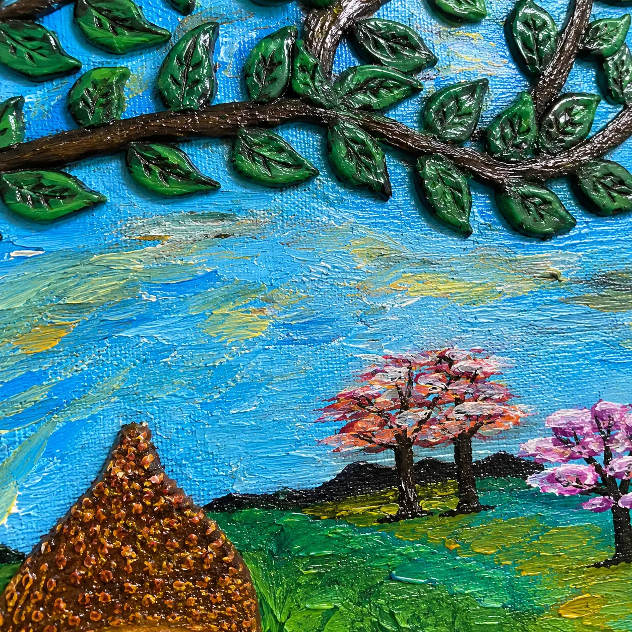 Detailed texture and brushwork showcasing the Bodhi Tree, Buddha figure, and layered landscape elements.