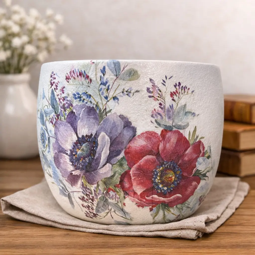 Twin Blossom Pot handcrafted ceramic planter 7 x 7 inch with elegant twin floral artwork and decorative artisan finish