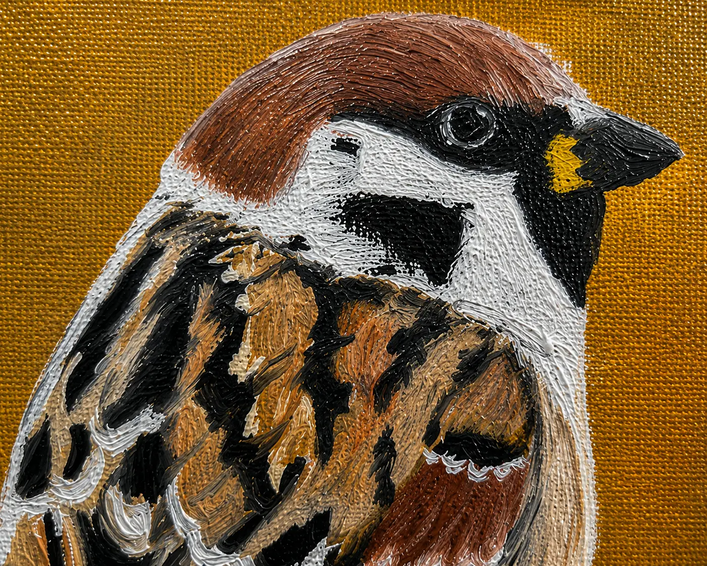 Detailed oil painting texture showcasing layered feather details and realistic bird features in Golden Sparrow artwork.