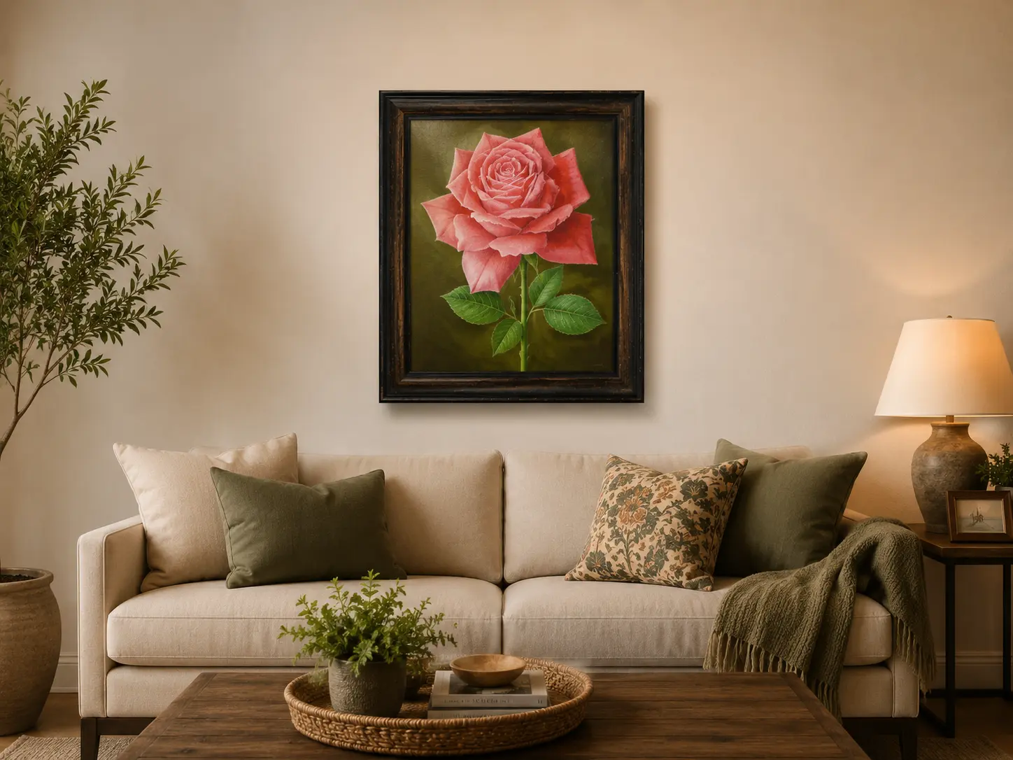 Blush of Grace framed floral oil painting displayed as elegant wall art in a contemporary interior setting.