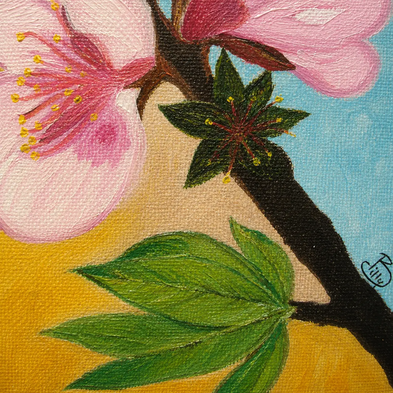 Close-up view of detailed oil brushwork and soft floral textures in Spring Whisper blossom painting.