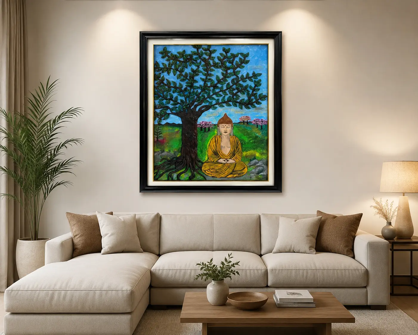 Beneath the Bodhi Tree framed spiritual artwork displayed as a peaceful focal point in a contemporary interior.