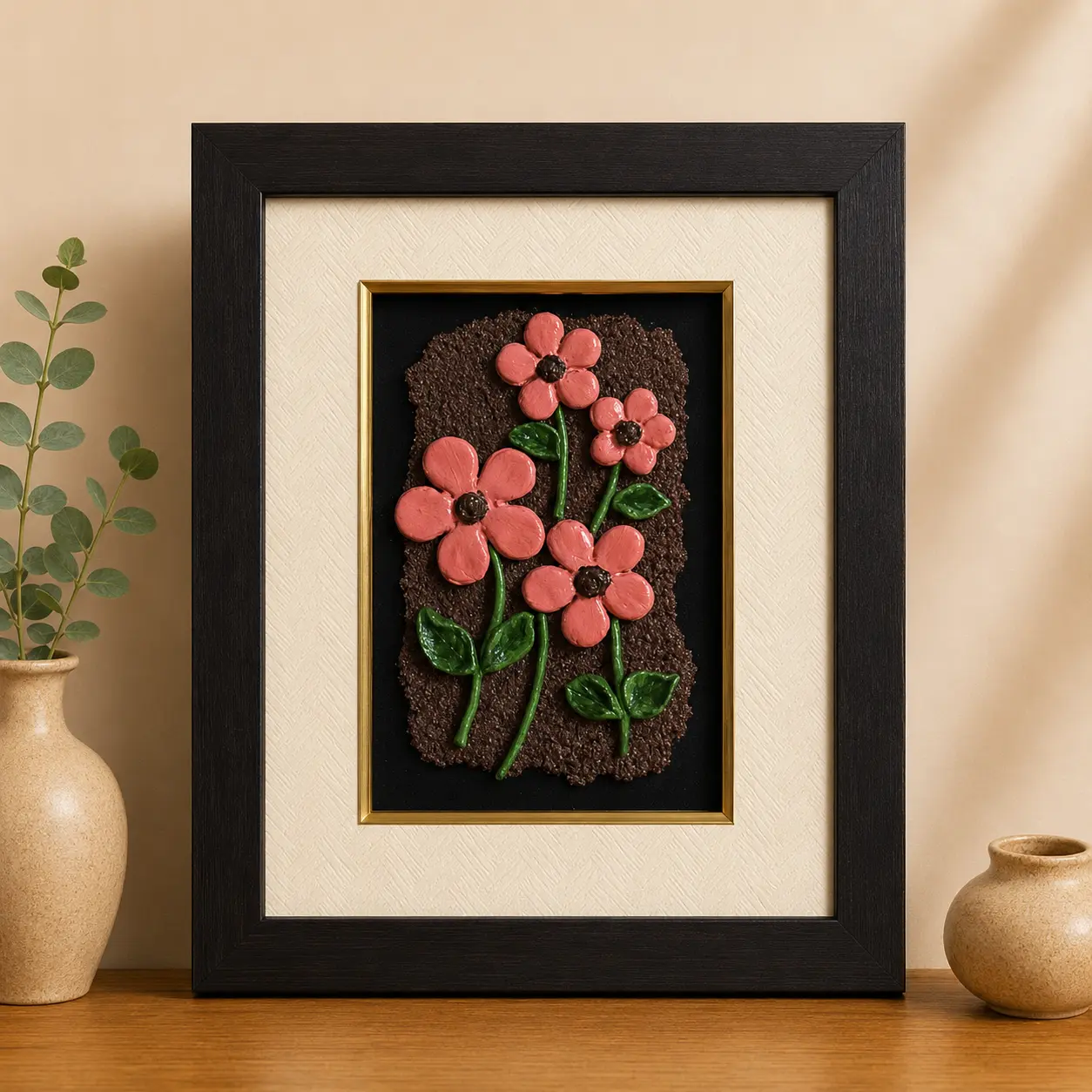 Coral Garden handcrafted clay wall art with coral pink floral relief and textured earthy background