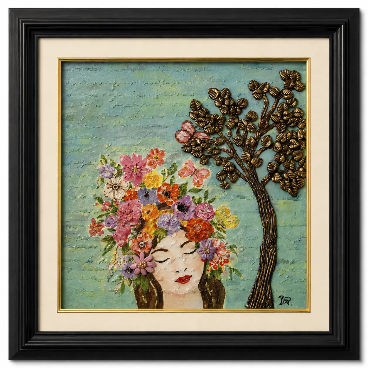 Blooming Serenity handcrafted texture artwork on 15 x 15 inch canvas board featuring a floral portrait with a sculpted tree and textured botanical details.