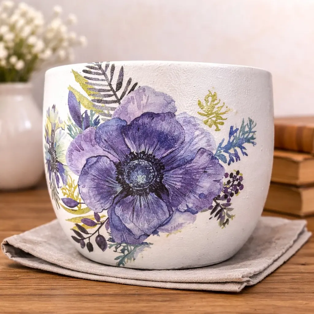 Lavender Bloom PurpleBotanical Decoupage Ceramic Planter – 7" H × 7" D by Billy Craft House