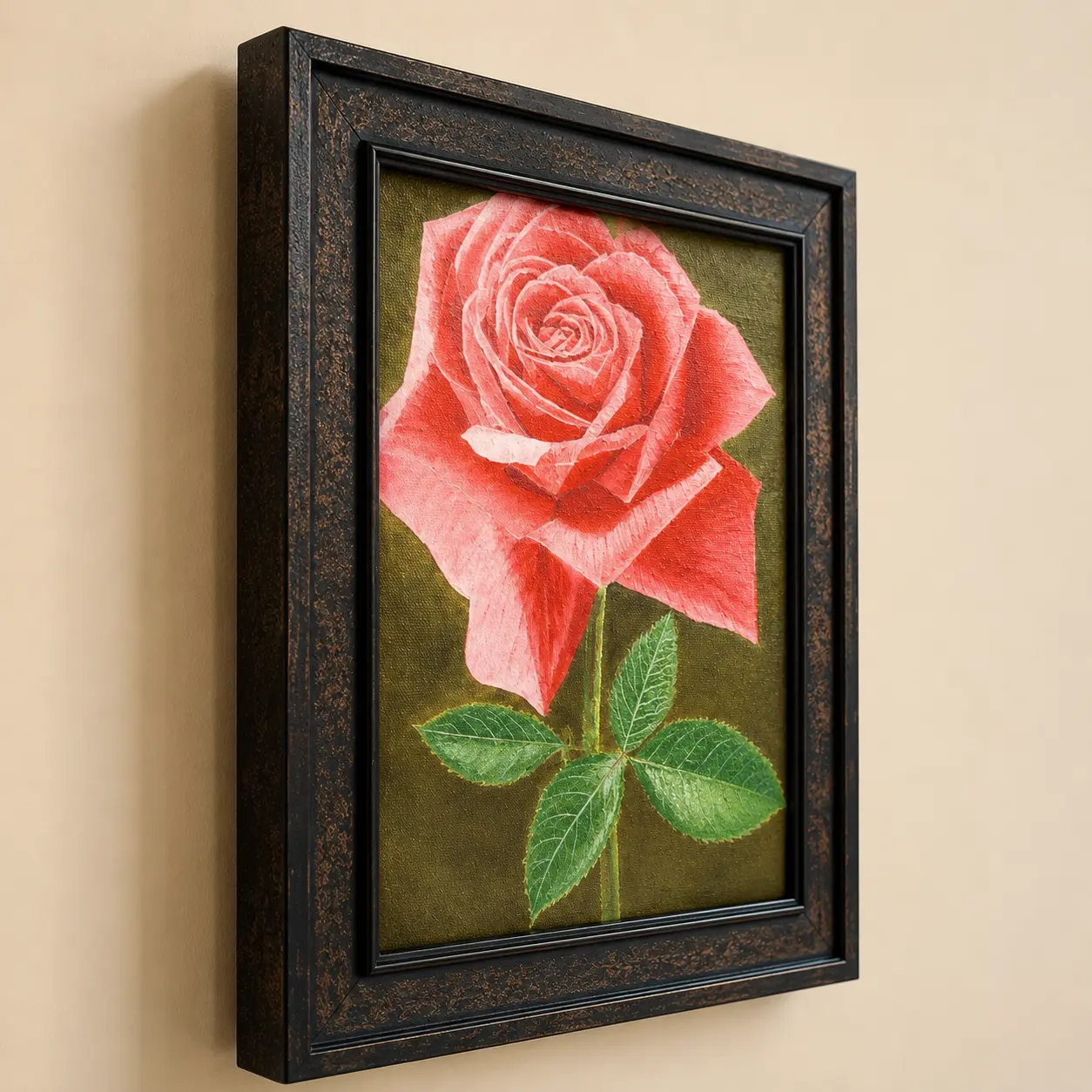 Side-angle view of Blush of Grace framed oil painting displaying frame profile, canvas board depth, and painted texture.