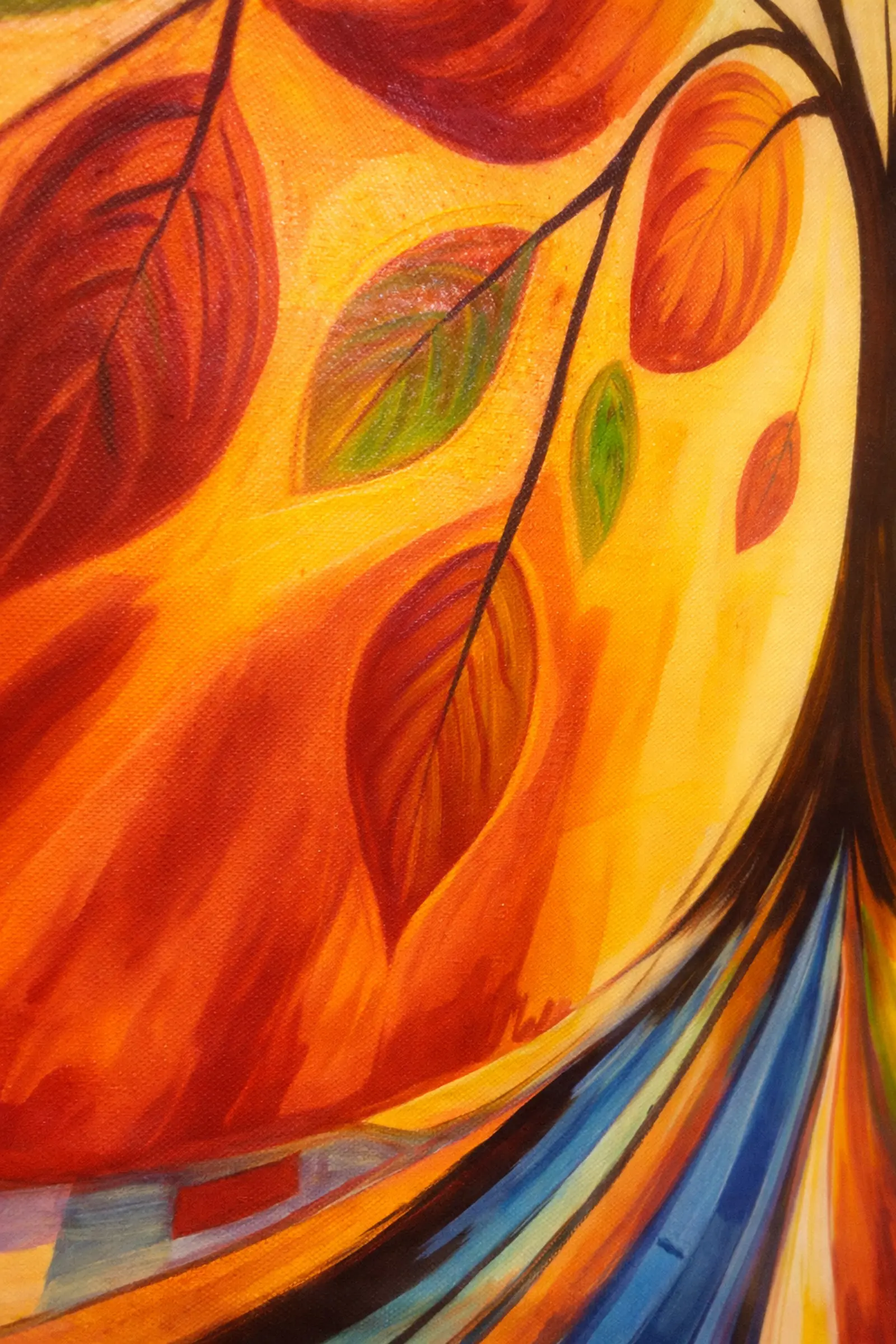 Close-up detail of green leaf texture in Seasons of the Soul hand-painted oil painting on canvas