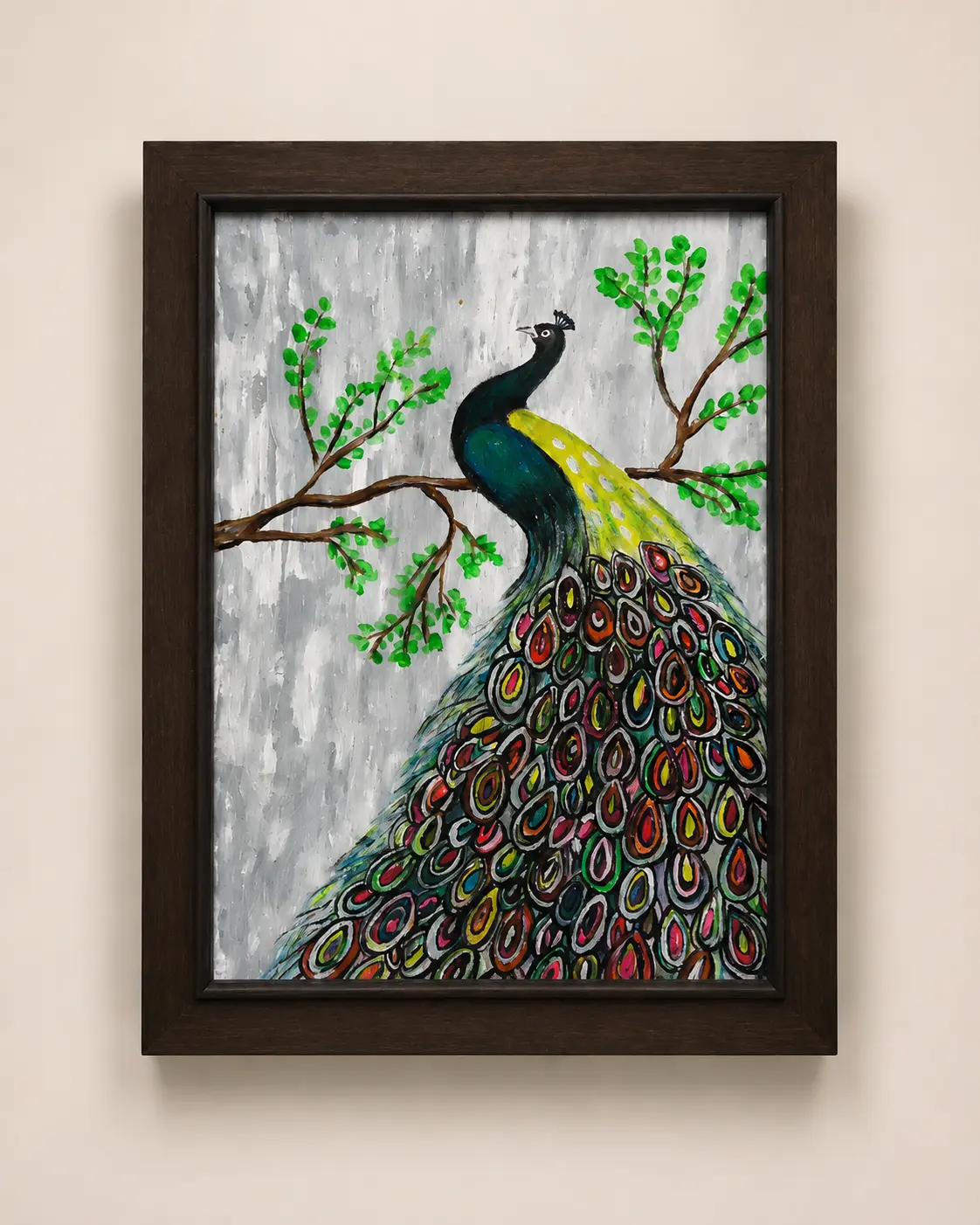 Peacock Reverie original acrylic painting on 18 x 15 inch canvas board featuring a colorful peacock perched on a branch with vibrant ornamental feathers.