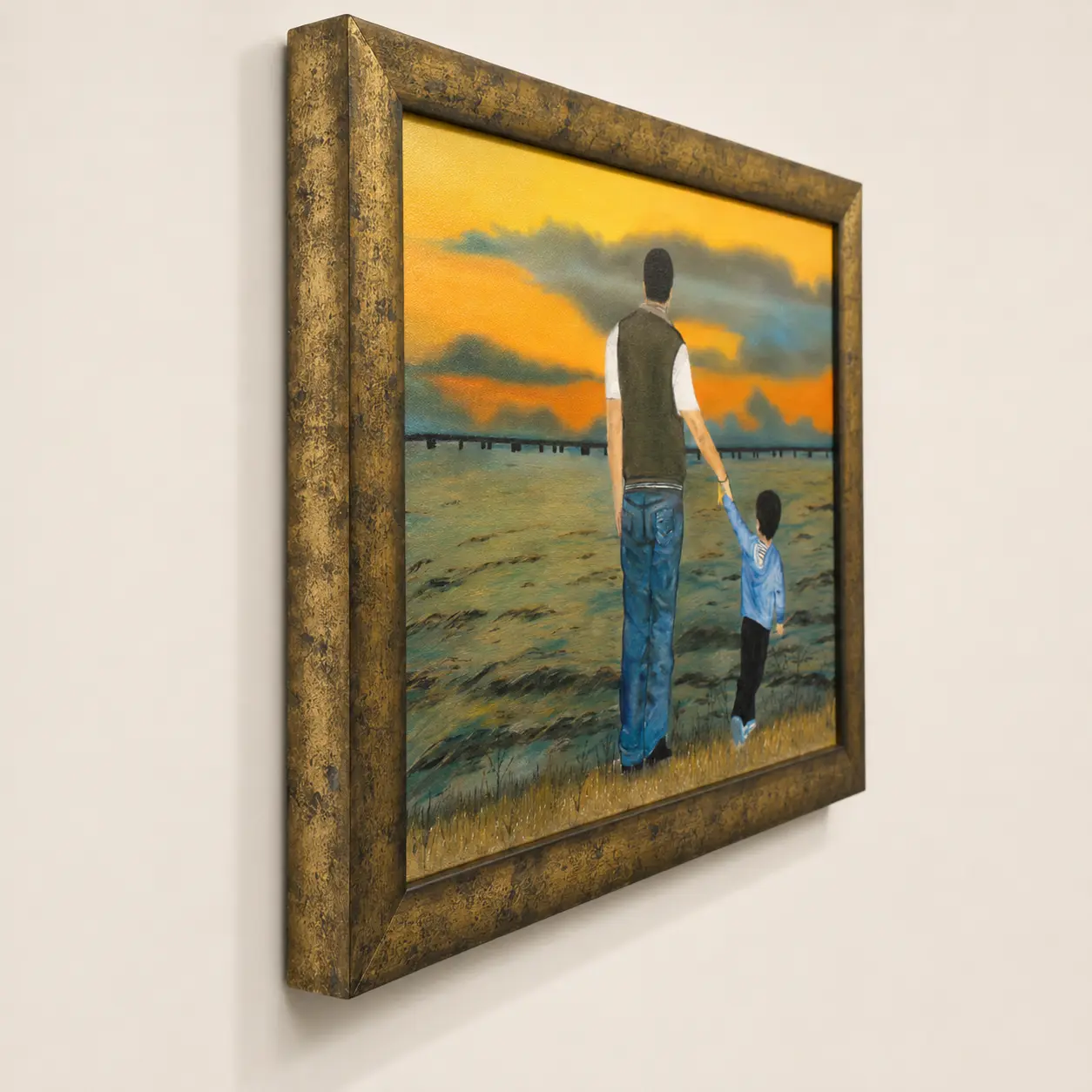 Side-angle view of Guiding Steps framed oil painting displaying frame profile, canvas board depth, and textured painted surface.