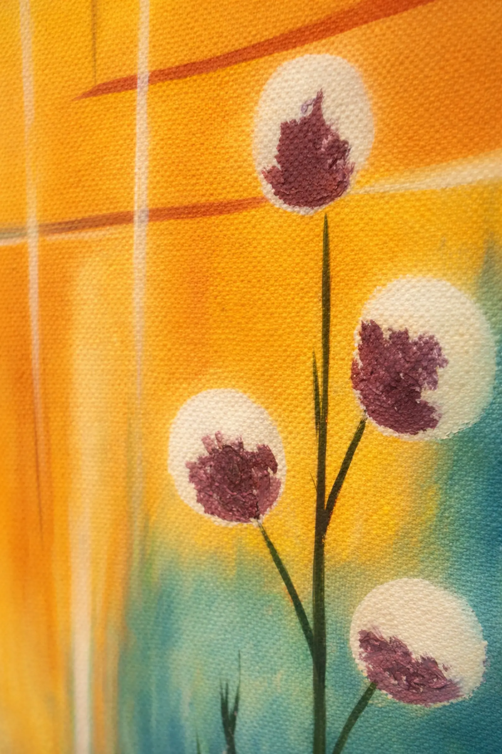 Close-up detail of canvas texture and soft floral elements in Rays of Life oil painting
