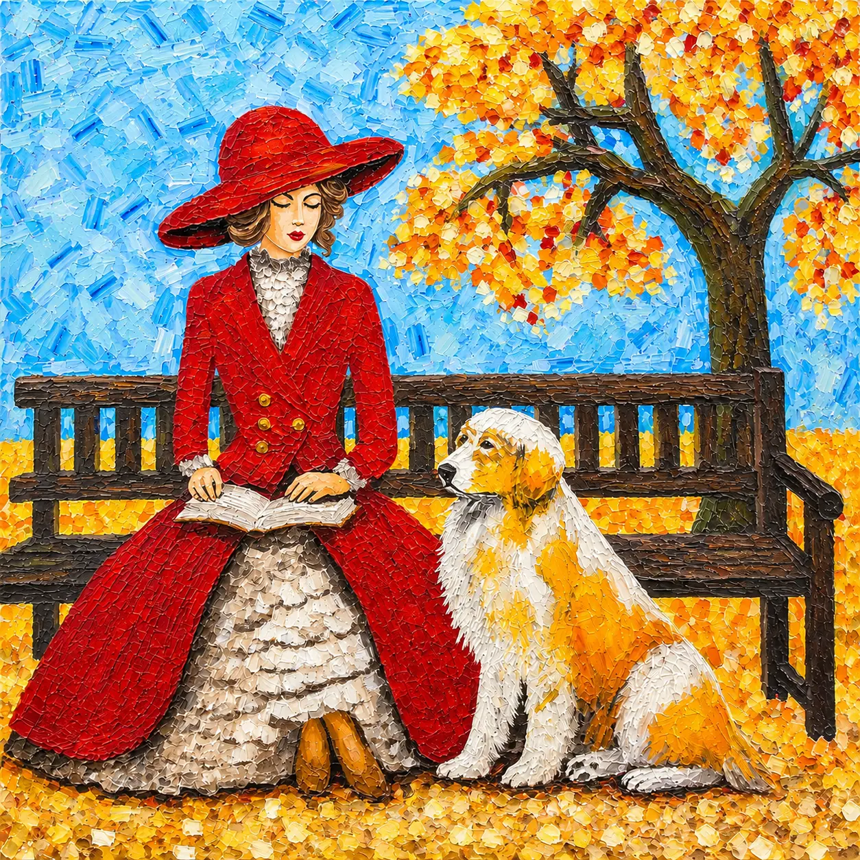 Whispers of Autumn original texture artwork on 38 x 38 inch canvas featuring a woman reading beside her dog beneath vibrant autumn foliage.