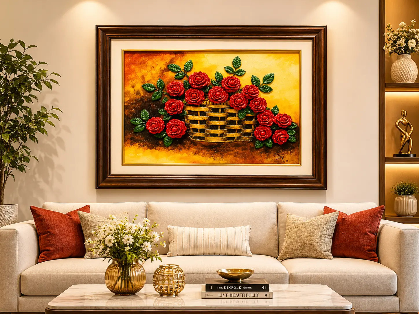 Basket of Roses handcrafted clay relief artwork on canvas board featuring on modern living room wall.