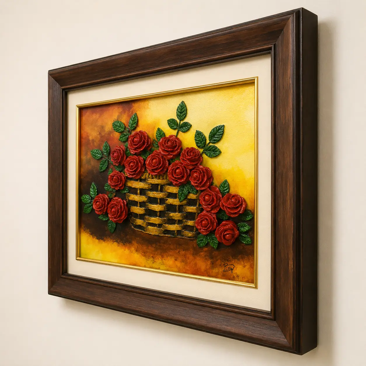 Side-angle view of Basket of Roses artwork displaying frame depth, raised floral elements, and handcrafted dimensional texture.