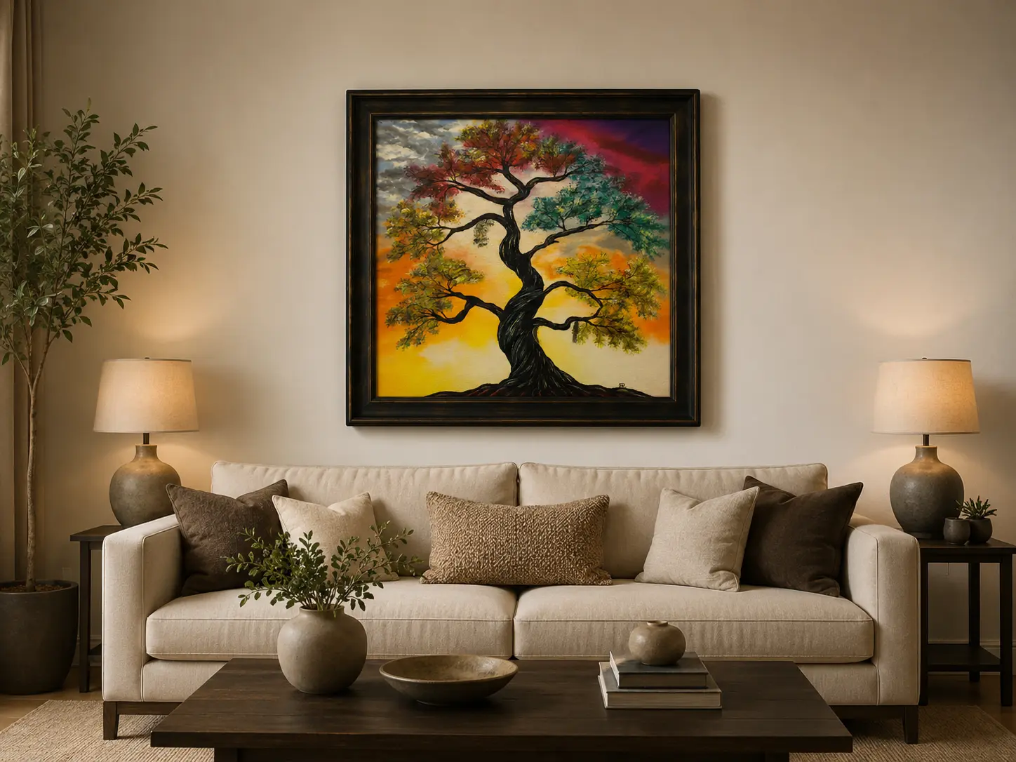 Seasons of Life framed acrylic tree painting displayed as elegant wall art in a contemporary interior setting.