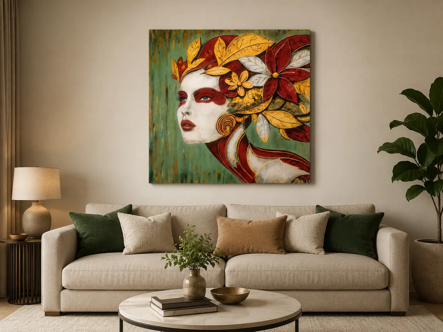 Floral Empress acrylic wall art displayed above sofa in a modern luxury living room interior