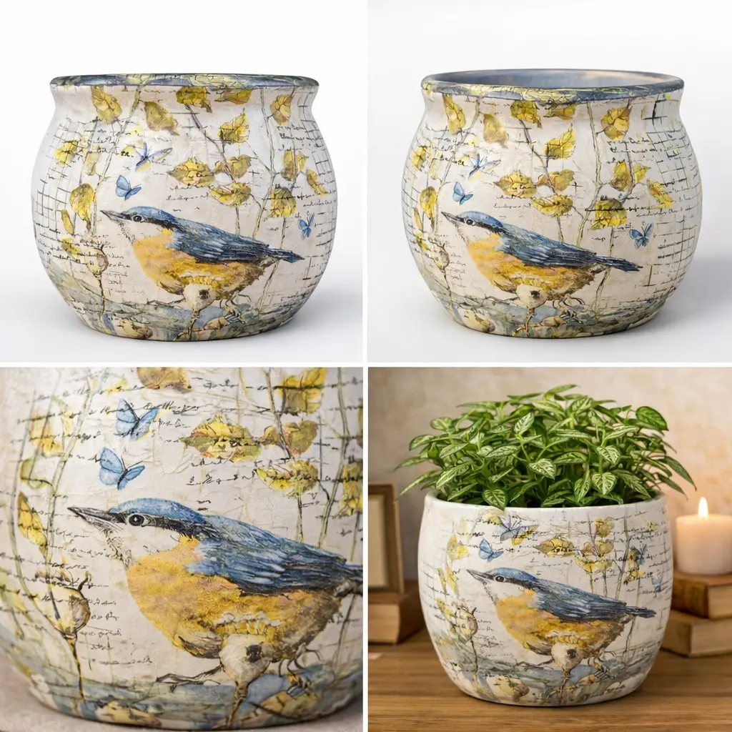 Handmade Vintage Bird Decoupage Ceramic Planter – Decorative Botanical Indoor Plant Pot