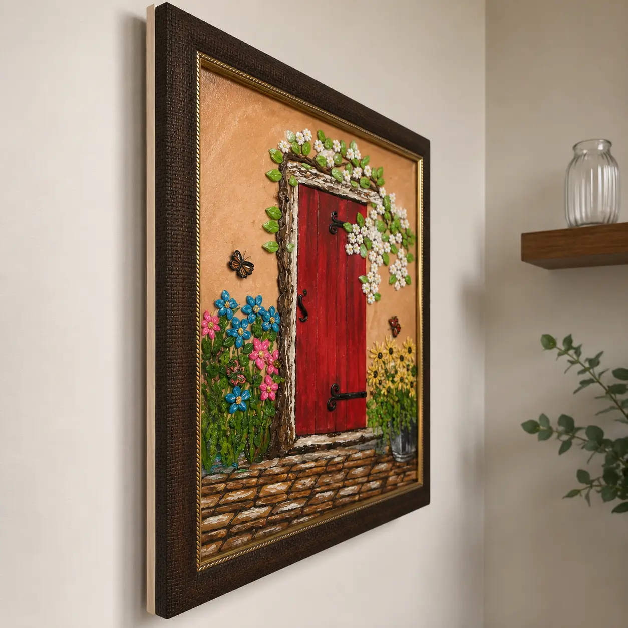 Side-angle view of The Secret Garden Door framed texture artwork displaying frame profile, artwork depth, and raised floral textures.