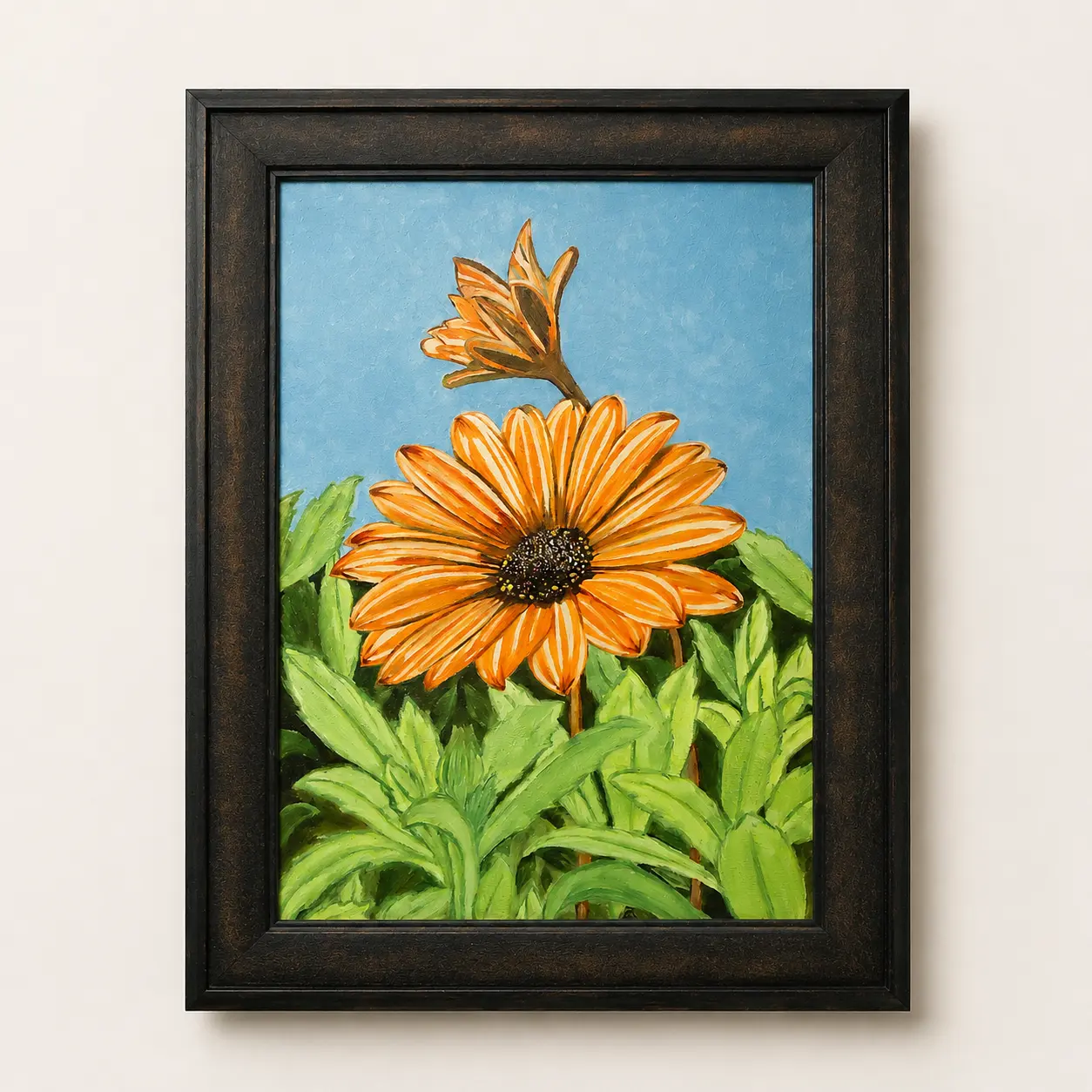 Golden Bloom original oil painting on 17 x 13 inch canvas board featuring a vibrant golden flower surrounded by lush green foliage.