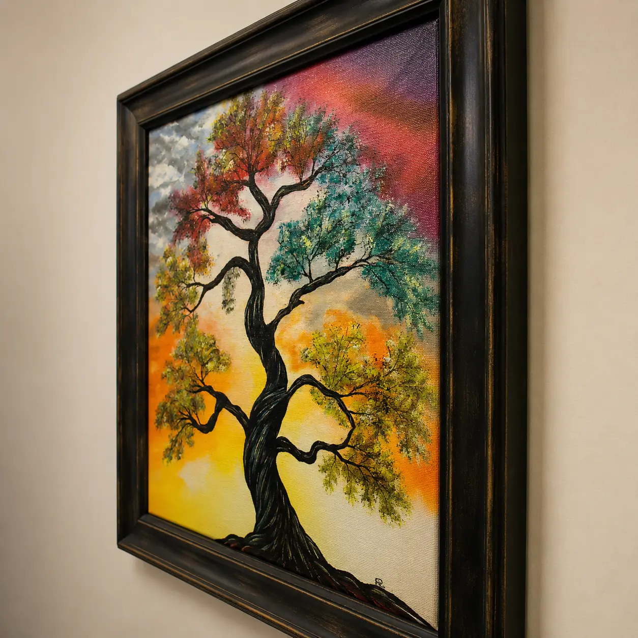 Side-angle view of Seasons of Life framed acrylic painting showing frame profile, canvas board depth, and textured surface.