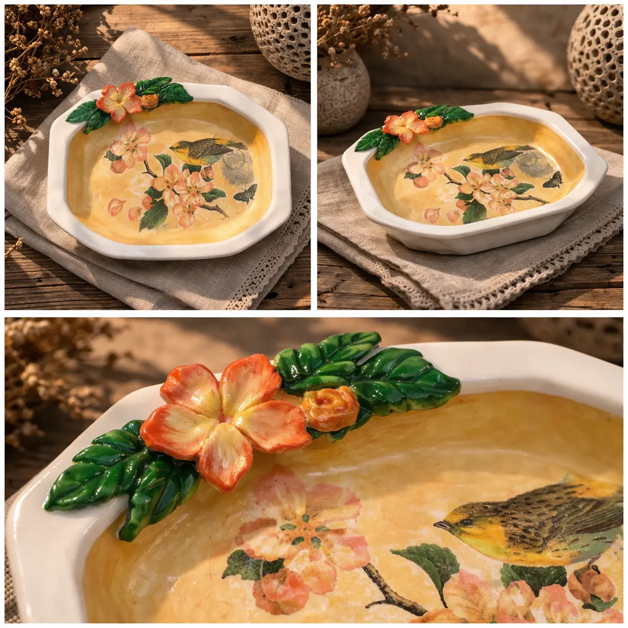 Golden Sparrow Floral Bowl styled ceramic decor bowl with botanical bird decoupage and handcrafted clay flower accents
