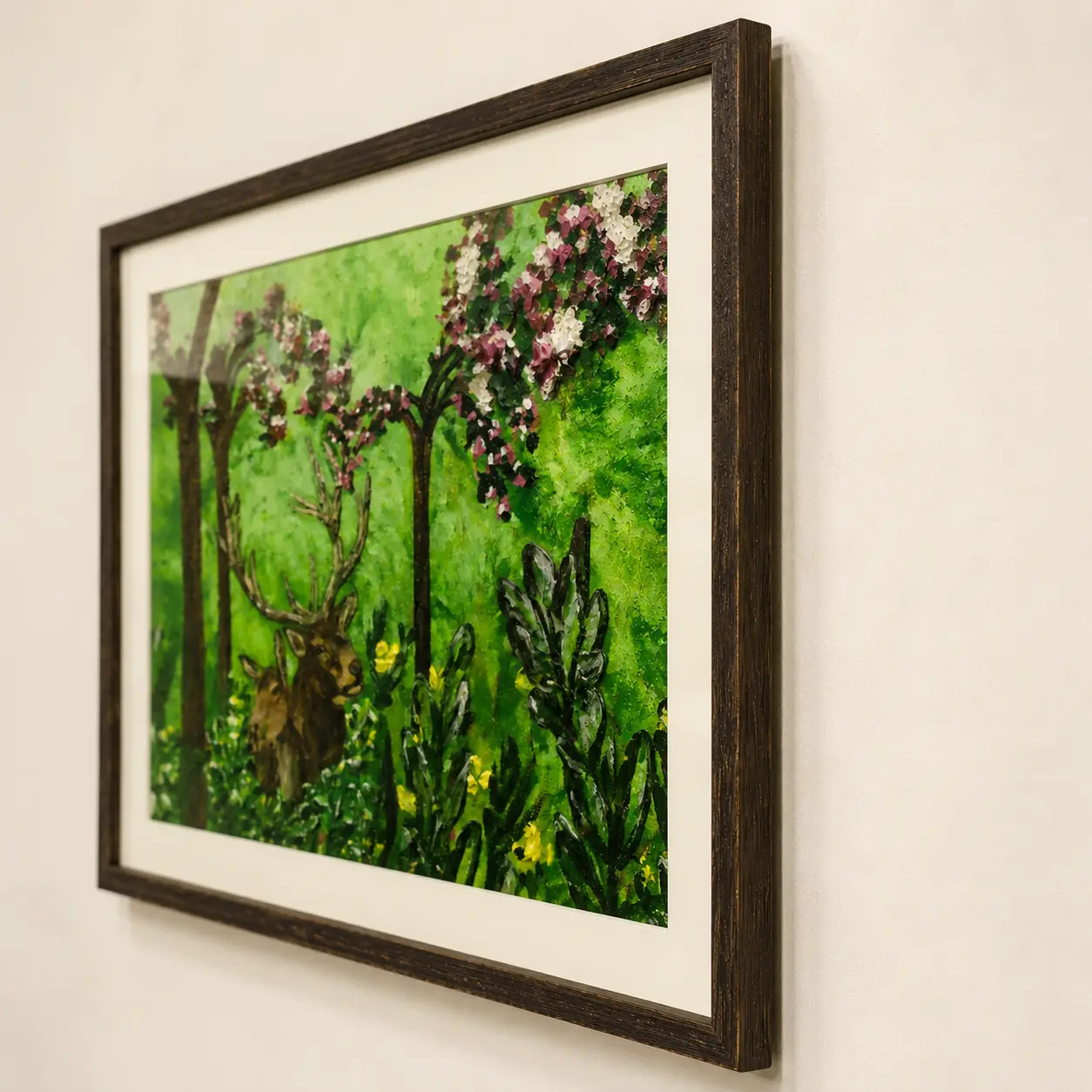 Side-angle view of Whispers of the Woodland framed texture artwork displaying frame profile, artwork depth, and textured surface details.