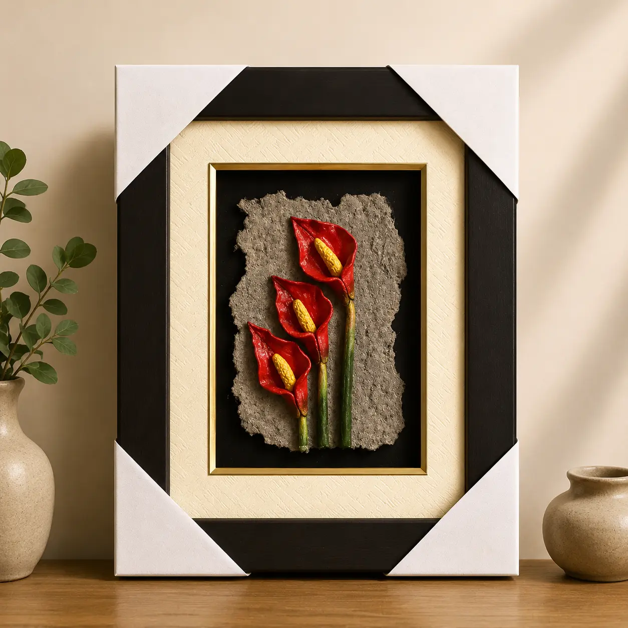 Scarlet Bloom handcrafted clay wall art with red floral relief design and textured stone-inspired backdrop