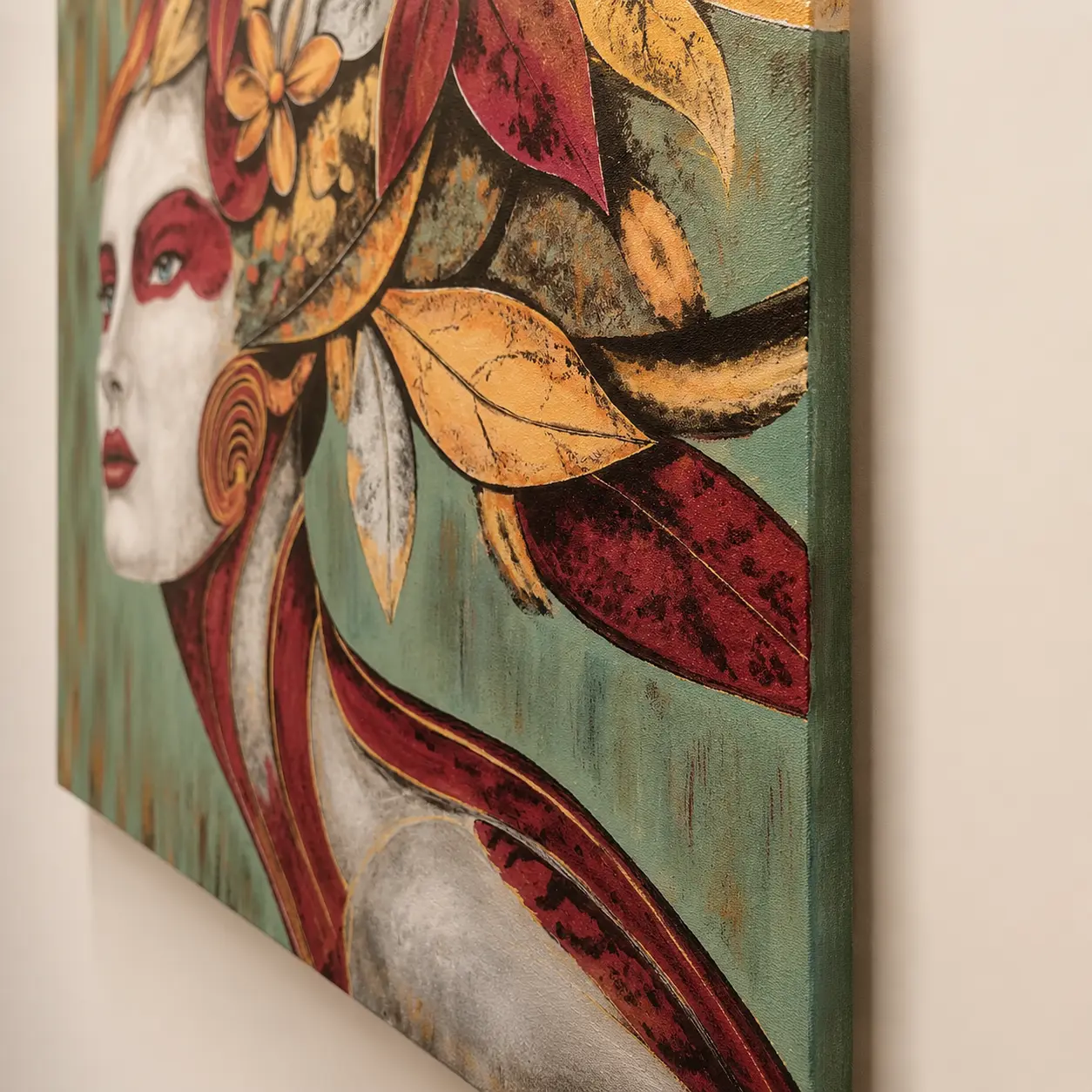 Angled side view of Floral Empress canvas showing artwork depth, edge finish, and painted surface texture