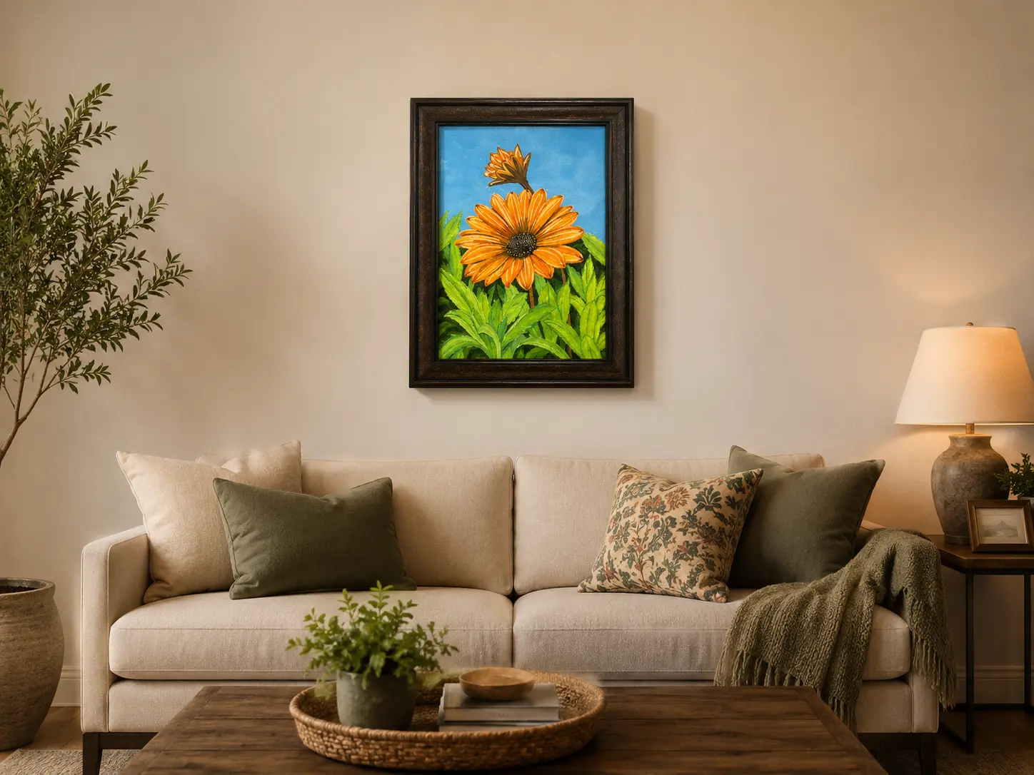 Golden Bloom framed floral oil painting displayed as decorative wall art in a contemporary interior setting.