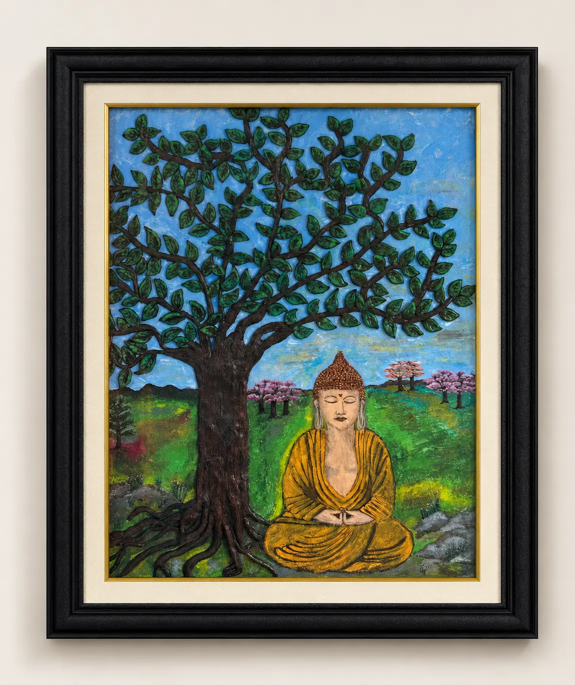 Beneath the Bodhi Tree original texture artwork on 24 x 20 inch canvas board featuring Buddha in meditation beneath a flourishing tree in a serene landscape.