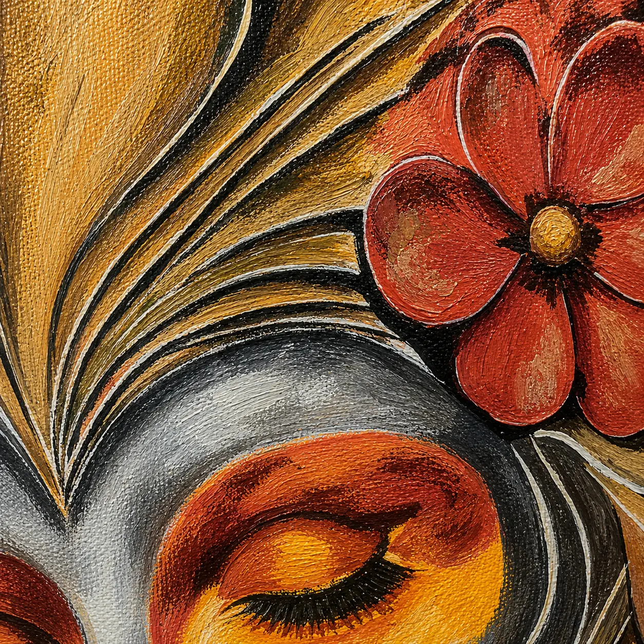 Close-up detail of layered floral textures and expressive acrylic brushwork in Silent Blossoms painting