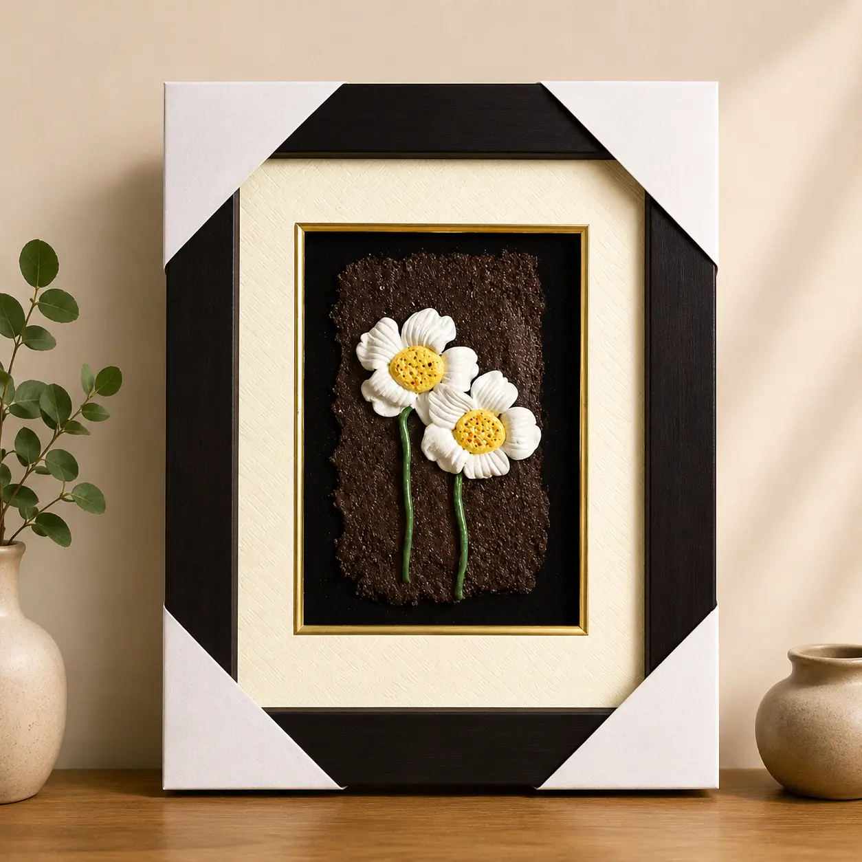 Golden Daisies handcrafted clay relief wall art with white floral design and textured background