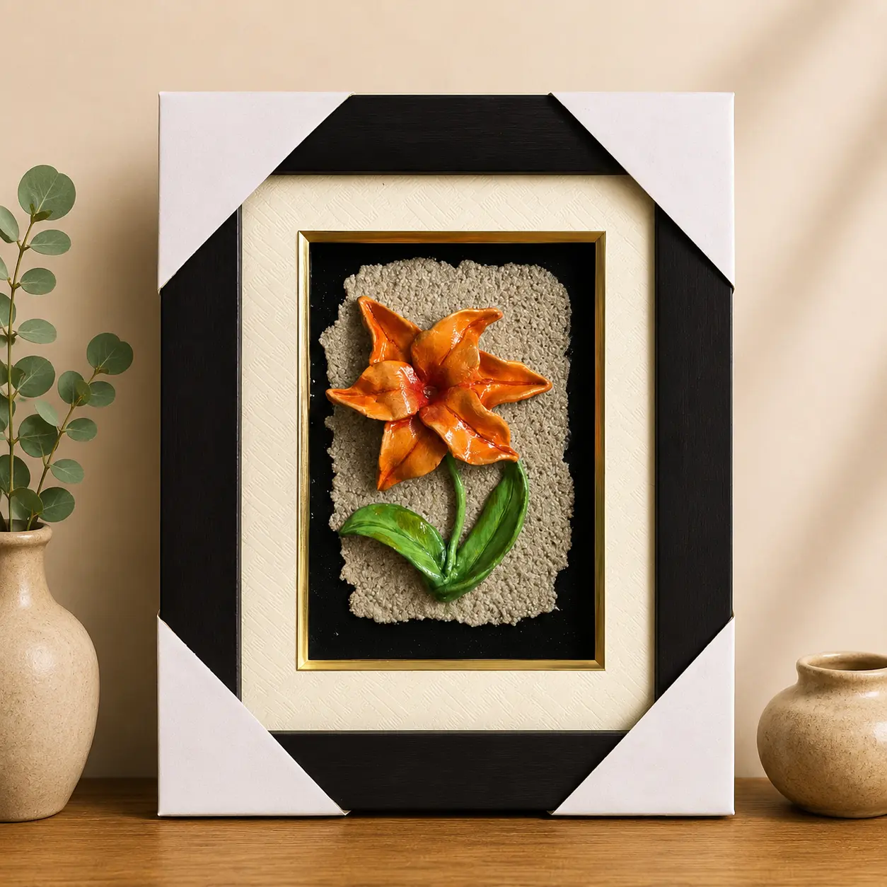 Handcrafted Orange Lily Clay Relief Art