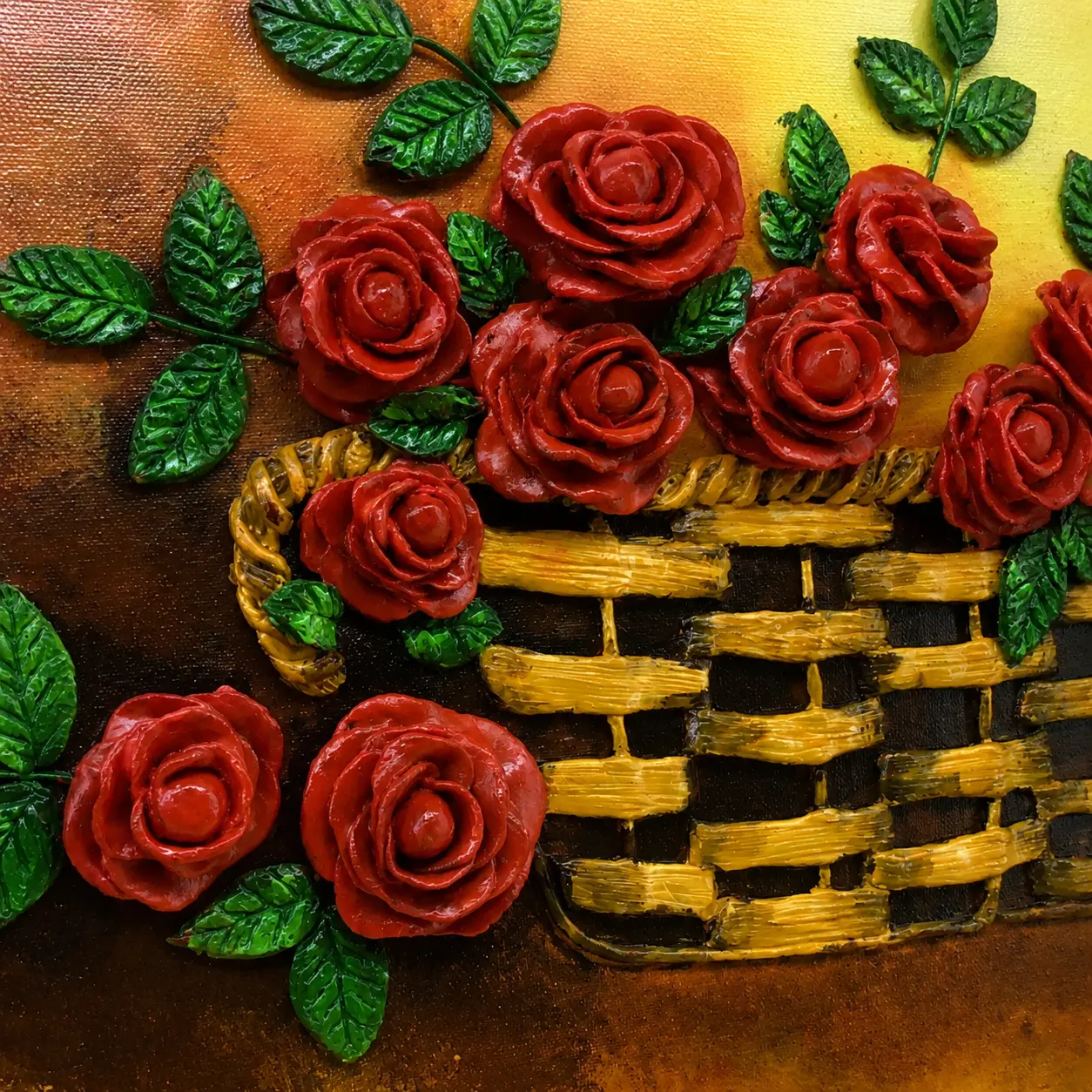 Close-up view of handcrafted clay roses showing dimensional petals, textured leaves, and intricate relief detailing.