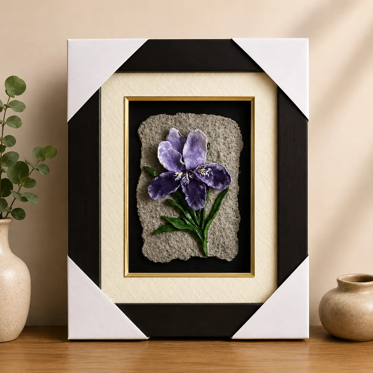 Iris Whisper handcrafted clay wall art with purple iris floral relief and textured stone-inspired background