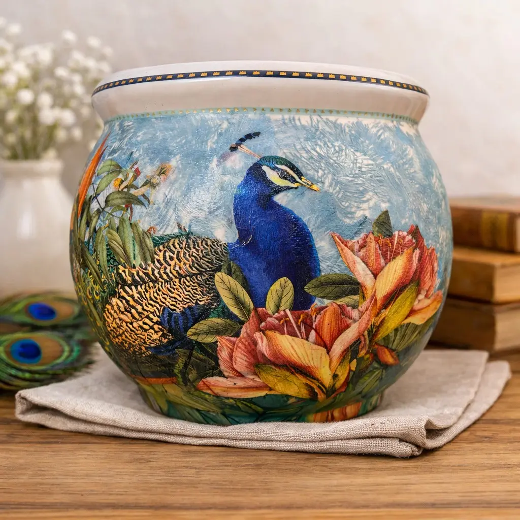 Peacock Garden Decoupage Ceramic Planter – 9" H × 8" D