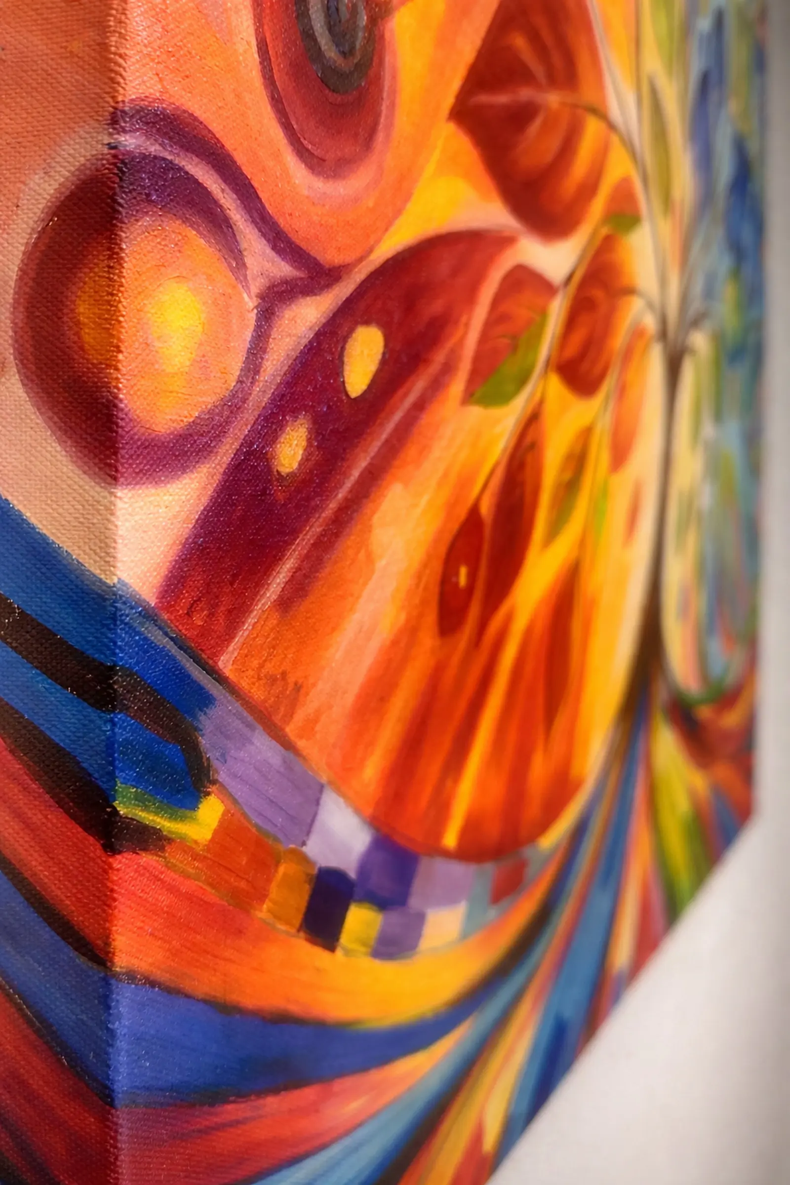 Angled side view of Seasons of the Soul oil painting showing canvas edge depth and hand-painted texture