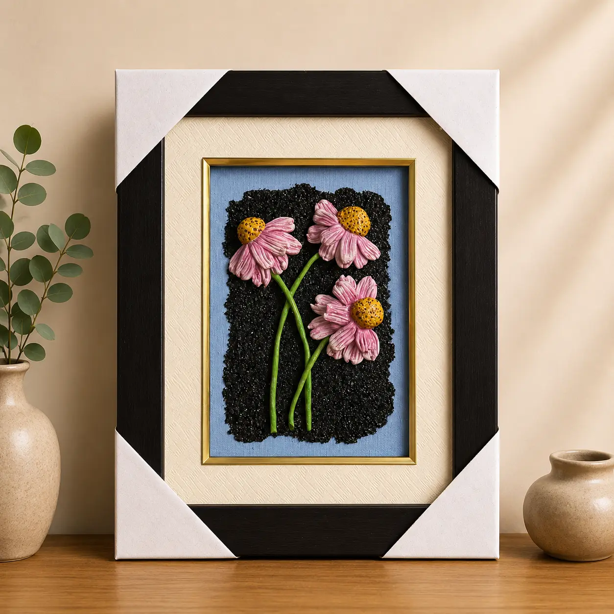 Blush Meadow handcrafted clay wall art with pink floral relief design and textured contemporary background