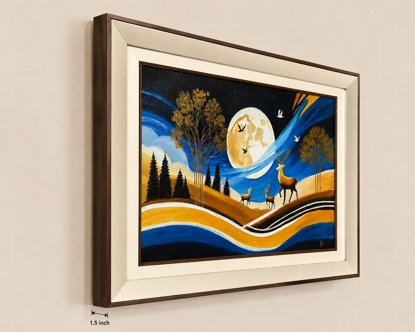 Side-angle view of Moonlit Harmony framed oil painting displaying canvas depth, frame profile, and textured painted surface.