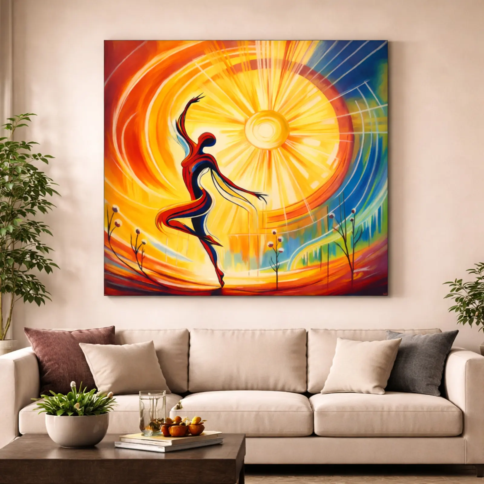 Rays of Life abstract painting displayed as wall art in a modern living room interior