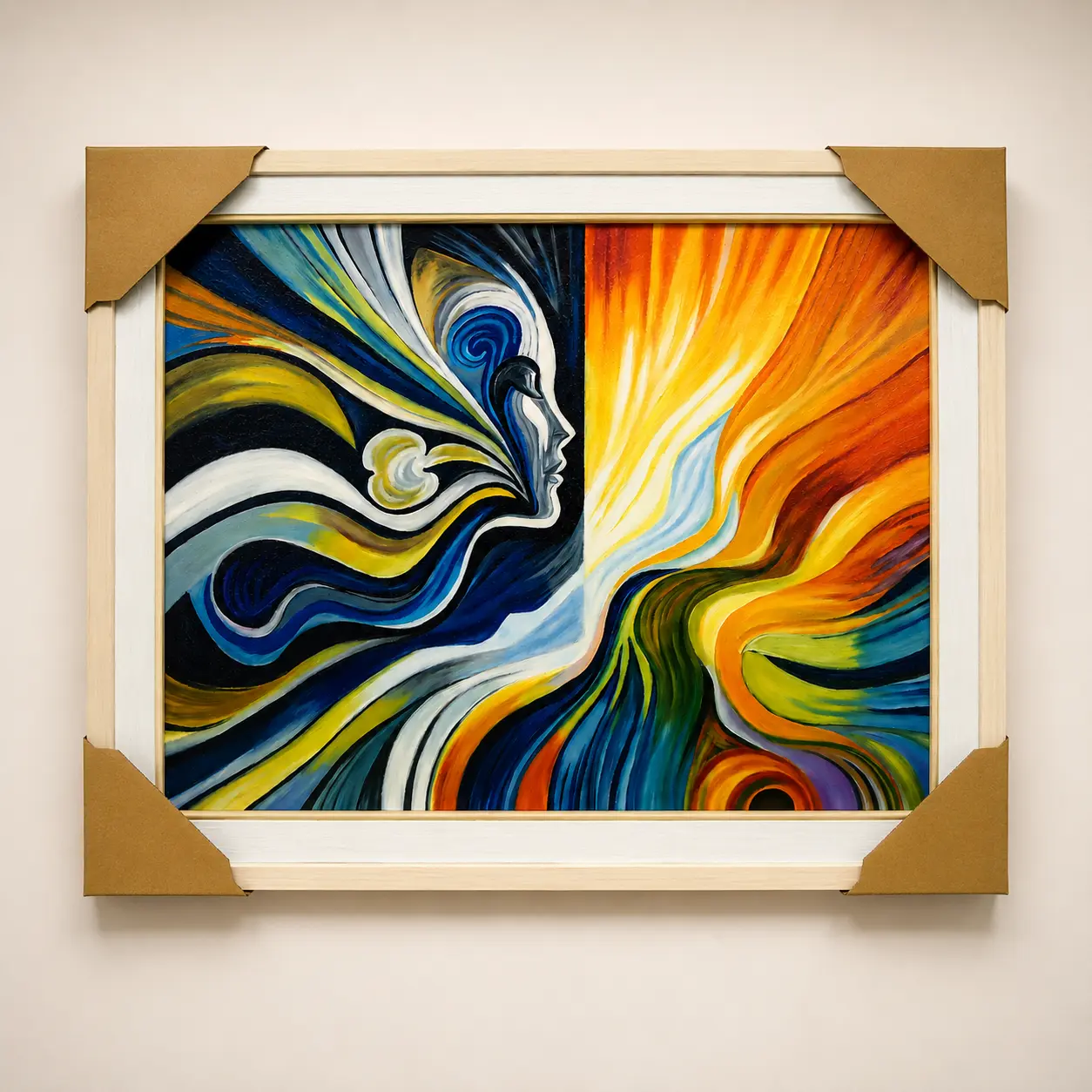 Harmony of Light original oil painting on 22 x 28 inch canvas board featuring an abstract human profile surrounded by flowing blue, gold, and orange forms.