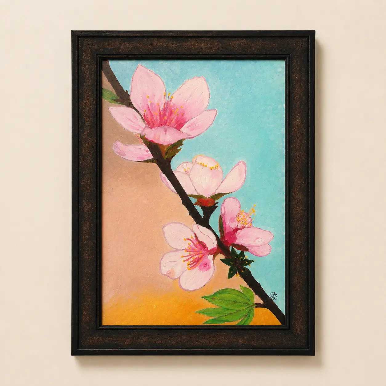 Spring Whisper original oil painting on 17 x 13 inch canvas board featuring delicate pink blossoms on a branch against a soft blue background.