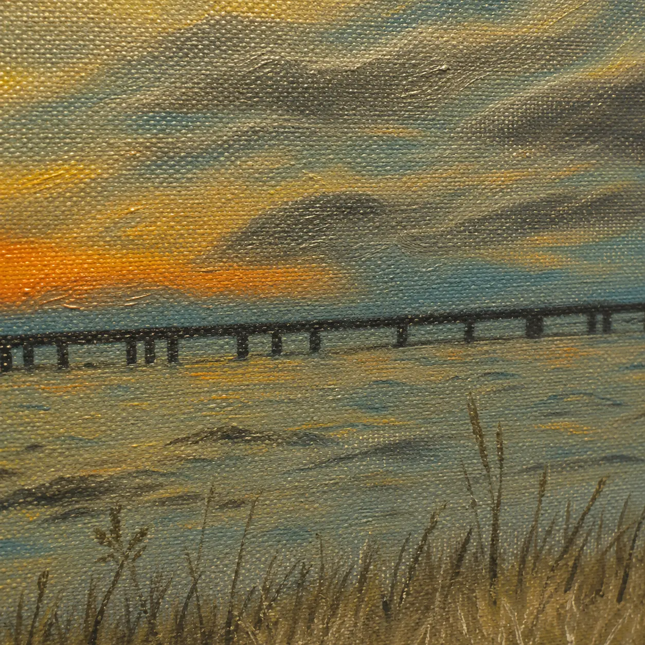 Detailed oil brushwork showcasing atmospheric sky effects, landscape textures, and expressive painting techniques in Guiding Steps.