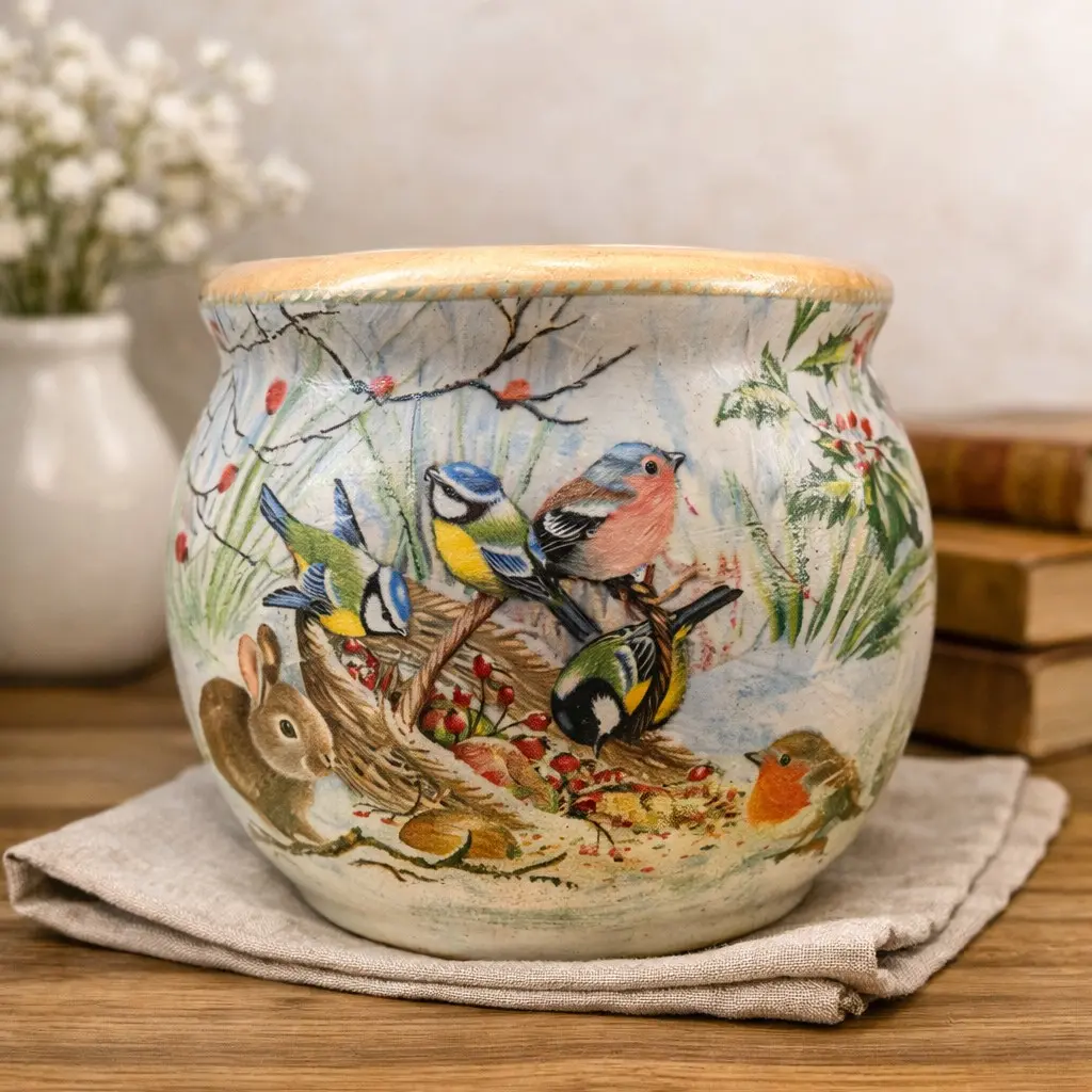Blue Anemone Floral Decoupage Ceramic Planter – 6.5" H × 4.5" D